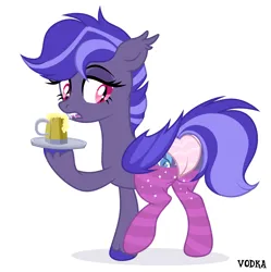 Size: 4500x4524 | Tagged: suggestive, alternate version, artist:c1trine, artist:zakypo, derpibooru import, oc, oc:night watch, unofficial characters only, bat pony, pony, base used, bat pony oc, bat wings, butt, cider, cider mug, clothes, commission, derpibooru exclusive, fangs, female, image, mare, mug, open mouth, panties, plot, png, raised hoof, raised leg, simple background, socks, solo, solo female, striped socks, striped underwear, tray, underwear, unshorn fetlocks, white background, wings, ych result