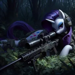 Size: 1024x1024 | Tagged: safe, ai content, derpibooru import, machine learning generated, prompter:voyaka, rarity, pony, unicorn, camouflage, clothes, forest, g4, gun, image, military, military uniform, nature, png, rifle, sniper, sniper rifle, solo, tree, uniform, weapon