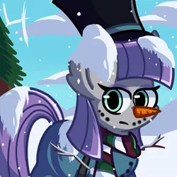Size: 2048x2048 | Tagged: safe, artist:bluebery57, derpibooru import, maud pie, earth pony, pony, carrot, christmas, clothes, female, food, hat, holiday, image, jpeg, mare, pine tree, scarf, snow, snowfall, solo, top hat, tree