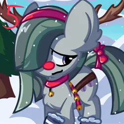 Size: 2048x2048 | Tagged: safe, artist:bluebery57, derpibooru import, marble pie, earth pony, pony, antlers, boots, clothes, collar, female, image, jpeg, mare, pine tree, rudolph nose, shoes, snow, snowfall, solo, tree