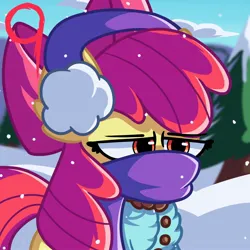 Size: 2048x2048 | Tagged: safe, artist:bluebery57, derpibooru import, apple bloom, earth pony, pony, apple bloom is not amused, clothes, earmuffs, female, filly, foal, image, jpeg, pine tree, scarf, snow, snowfall, solo, tree, unamused