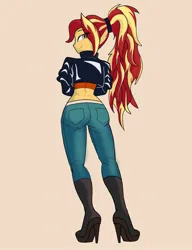 Size: 1217x1588 | Tagged: safe, artist:peel_a_na, derpibooru import, sunset shimmer, human, equestria girls, ass, boots, bunset shimmer, butt, clothes, denim, eye clipping through hair, g4, high heel boots, image, jacket, jeans, jpeg, leather, leather jacket, looking at you, looking back, looking back at you, midriff, pants, ponytail, rear view, shoes, simple background, solo, stupid sexy sunset shimmer