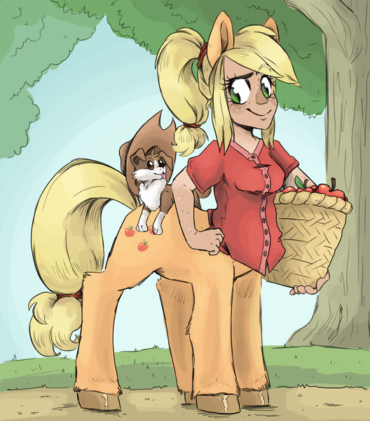 Size: 1141x1297 | Tagged: safe, artist:smirk, derpibooru import, applejack, winona, centaur, dog, centaurified, clothes, eyebrows, hair up, image, missing accessory, png, puppy, raised eyebrow, species swap, tumblr nose