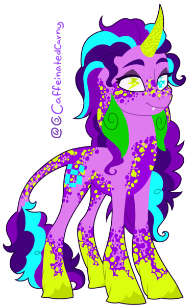 Size: 925x1444 | Tagged: safe, artist:caffeinatedcarny, derpibooru import, oc, oc:viibe, unofficial characters only, pony, unicorn, derpibooru community collaboration, 2024 community collab, coat markings, colorful, curved horn, derpibooru exclusive, fangs, freckles, green skin, heterochromia, horn, horn runes, image, leonine tail, lidded eyes, looking at you, lop ears, markings, nonbinary, png, simple background, slim, smiling, solo, speckled, tail, tall, transparent background, unicorn oc, unshorn fetlocks, wingding eyes