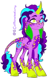 Size: 925x1444 | Tagged: safe, artist:caffeinatedcarny, derpibooru import, oc, oc:viibe, unofficial characters only, pony, unicorn, derpibooru community collaboration, 2024 community collab, coat markings, colorful, curved horn, derpibooru exclusive, fangs, freckles, green skin, heterochromia, horn, horn runes, image, leonine tail, lidded eyes, looking at you, lop ears, markings, nonbinary, png, simple background, slim, smiling, solo, speckled, tail, tall, transparent background, unicorn oc, unshorn fetlocks, wingding eyes