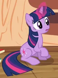 Size: 328x442 | Tagged: safe, derpibooru import, screencap, twilight sparkle, pony, unicorn, season 2, secret of my excess, cropped, female, frown, g4, golden oaks library, image, library, magic, magic aura, mare, open mouth, png, raised hoof, sitting, solo, surprised, unicorn twilight