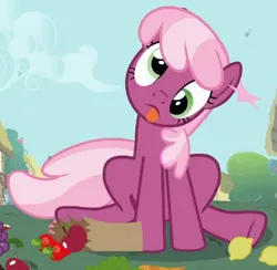 Size: 431x420 | Tagged: safe, derpibooru import, screencap, cheerilee, earth pony, pony, season 2, secret of my excess, apple, bag, carrot, cropped, derp, dizzy, female, food, g4, grapes, groceries, image, lemon, mare, paper bag, png, ponyville, sitting, solo, strawberry, tongue out