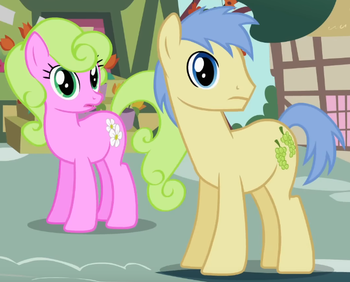 Size: 704x568 | Tagged: safe, derpibooru import, screencap, daisy, flower wishes, goldengrape, sir colton vines iii, earth pony, pony, season 2, the mysterious mare do well, closed mouth, cropped, duo, female, frown, g4, image, male, mare, open mouth, png, ponies standing next to each other, ponyville, stallion, standing, turned head