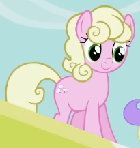 Size: 205x217 | Tagged: safe, derpibooru import, screencap, millie, earth pony, pony, season 2, the mysterious mare do well, closed mouth, cropped, female, g4, image, looking at someone, mare, offscreen character, png, sky, smiling, solo, standing