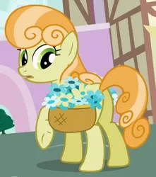 Size: 466x528 | Tagged: safe, derpibooru import, screencap, junebug, earth pony, pony, season 2, secret of my excess, basket, butt, cropped, female, flower, frown, g4, image, junebutt, looking back, mare, offscreen character, open mouth, png, ponyville, raised hoof, standing