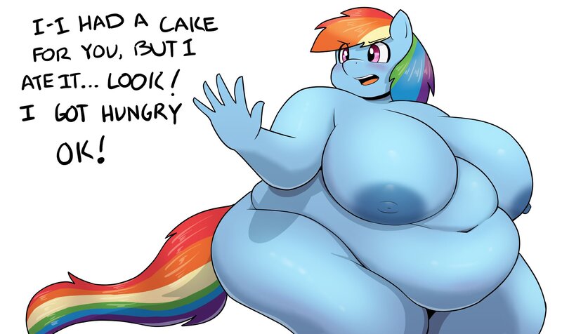 Size: 2017x1200 | Tagged: questionable, artist:ahobobo, derpibooru import, rainbow dash, anthro, areola, belly, belly button, big areola, big belly, big breasts, bingo wings, blushing, breasts, fat, huge belly, huge breasts, image, jpeg, morbidly obese, nipples, nudity, obese, overweight, rainblob dash, saggy breasts, talking, text, thighs, thunder thighs, wide hips