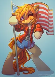 Size: 3508x4961 | Tagged: safe, artist:chaosangeldesu, derpibooru import, oc, earth pony, pony, american flag, belt, blushing, clothes, commission, cute, flag, image, jpeg, looking at you, one eye closed, shirt, shorts, smiling, smiling at you, solo, wink