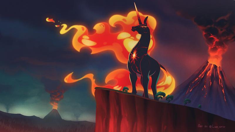 Size: 5333x3000 | Tagged: safe, artist:light262, derpibooru import, oc, oc:molten heat, unofficial characters only, unicorn, colored eyelashes, commission, fiery mane, fiery tail, fire, gradient eyelashes, gradient horn, horn, image, lava, looking down, png, smoke, solo, standing, tail, unicorn oc, volcano