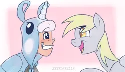 Size: 1024x589 | Tagged: safe, artist:zeffdakilla, derpibooru import, derpy hooves, oc, oc:bubbles, human, pegasus, pony, clothes, crossover, duo, eye shimmer, female, grin, happy, hoodie, image, looking at each other, looking at someone, male, png, raised hoof, scout, simple background, smiling, team fortress 2