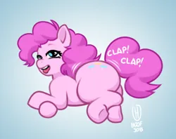 Size: 1604x1272 | Tagged: suggestive, artist:hoofjob, derpibooru import, pinkie pie, earth pony, pony, abstract background, butt clapping, butt shake, crossed hooves, cutie mark, image, looking at you, png, solo, the ass was fat, tongue out