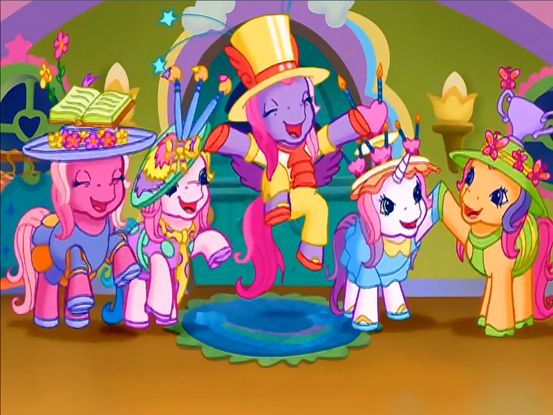 Size: 900x675 | Tagged: safe, derpibooru import, screencap, cheerilee (g3), scootaloo (g3), starsong, sweetie belle (g3), toola roola, butterfly, earth pony, insect, pegasus, pony, unicorn, g3, meet the ponies, book, candle, clothes, cupcake, dress, eyes closed, flower, flower in hair, food, hat, heart, high heels, hoofbump, image, jumping, kerchief, looking at each other, looking at someone, necktie, paintbrush, pants, png, rainbow dash's hat fashion party, raised hoof, shirt, shoes, sun hat, toola-roola, top hat, trophy