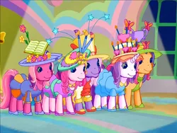 Size: 900x675 | Tagged: safe, derpibooru import, screencap, cheerilee (g3), scootaloo (g3), starsong, sweetie belle (g3), toola roola, butterfly, earth pony, insect, pegasus, pony, unicorn, g3, meet the ponies, book, candle, clothes, cupcake, dress, flower, flower in hair, food, hat, heart, high heels, image, kerchief, necktie, paintbrush, pants, png, rainbow dash's hat fashion party, raised hoof, shirt, shoes, sun hat, toola-roola, top hat, trophy