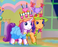 Size: 597x479 | Tagged: safe, derpibooru import, screencap, scootaloo (g3), sweetie belle (g3), butterfly, earth pony, insect, pony, unicorn, g3, meet the ponies, candle, clothes, cupcake, dress, duo, food, hat, heart, high heels, image, png, rainbow dash's hat fashion party, shoes, sun hat, trophy