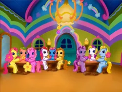 Size: 900x675 | Tagged: safe, derpibooru import, screencap, merriweather, moondancer (g3), piccolo, pinkie pie (g3), puzzlemint, sunny daze (g3), wysteria, earth pony, pony, g3, meet the ponies, bumblesweet (g3), crowd, flower, image, interior, png, rainbow dash's hat fashion party, spring parade