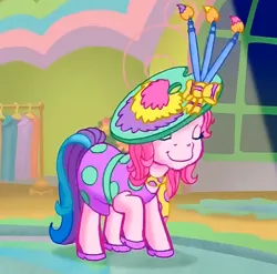 Size: 572x565 | Tagged: safe, derpibooru import, screencap, toola roola, earth pony, pony, g3, meet the ponies, bow, bowing, clothes, dress, eyes closed, hair bow, hat, high heels, image, necktie, paint, paintbrush, png, rainbow dash's hat fashion party, shoes, toola-roola
