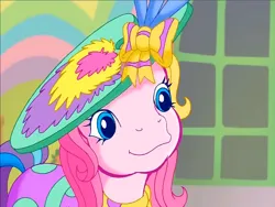 Size: 900x675 | Tagged: safe, derpibooru import, screencap, toola roola, earth pony, pony, g3, meet the ponies, :3, bow, clothes, cute, dress, hair bow, image, paint, png, rainbow dash's hat fashion party, solo, toola-roola