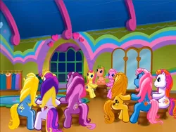 Size: 900x675 | Tagged: safe, derpibooru import, screencap, merriweather, moondancer (g3), piccolo, pinkie pie (g3), puzzlemint, sunny daze (g3), wysteria, earth pony, pony, g3, meet the ponies, bumblesweet (g3), crowd, image, interior, png, rainbow dash's hat fashion party, sitting, spring parade, table