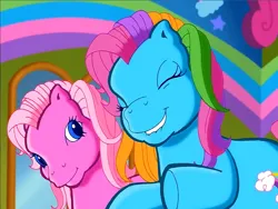 Size: 900x675 | Tagged: safe, derpibooru import, screencap, pinkie pie (g3), rainbow dash (g3), earth pony, pony, g3, meet the ponies, duo, excited, eyes closed, happy, image, lip bite, looking at someone, png, rainbow dash's hat fashion party, raised hoof, raised hooves