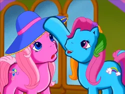 Size: 900x675 | Tagged: safe, derpibooru import, screencap, pinkie pie (g3), rainbow dash (g3), earth pony, pony, g3, meet the ponies, duo, hat, hoof on head, image, looking at something, open mouth, png, rainbow dash's hat fashion party, smiling, sun hat, surprised