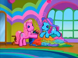 Size: 900x675 | Tagged: safe, derpibooru import, screencap, pinkie pie (g3), rainbow dash (g3), earth pony, pony, g3, meet the ponies, bipedal, bipedal leaning, clothes, dress, duo, hat, image, leaning, looking at each other, looking at someone, lying down, open mouth, png, prone, rainbow dash's hat fashion party, smiling, sploot, standing on two hooves, sun hat