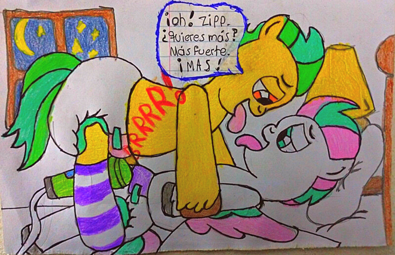 Size: 3805x2452 | Tagged: suggestive, artist:bitter sweetness, derpibooru import, hitch trailblazer, zipp storm, earth pony, g5, abdl, adult foal, clothes, diaper, diaper fetish, fetish, image, non-baby in diaper, onomatopoeia, png, sex toy, socks, sound effects, spanish, spanish text, speech bubble, striped socks, tongue out, traditional art, translated in the description, vibrator
