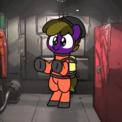 Size: 564x564 | Tagged: safe, artist:sugar morning, derpibooru import, oc, oc:wyntermoon, unofficial characters only, earth pony, pony, air tank, animated, beanie, bipedal, clothes, dancing, gif, hat, hazmat suit, image, lethal company, male, multicolored hair, solo, stallion