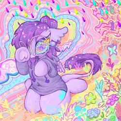 Size: 2000x2000 | Tagged: safe, artist:larvaecandy, derpibooru import, oc, oc:vylet, unofficial characters only, butterfly, fish, insect, pegasus, pony, album cover, clothes, colorful, high res, hoodie, i was the loner of paradise valley, image, kneeling, leonine tail, pegasus oc, png, psychedelic, rain, solo, tail, vylet pony, wings