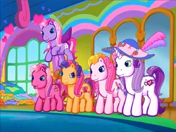 Size: 900x675 | Tagged: safe, derpibooru import, screencap, cheerilee (g3), scootaloo (g3), starsong, sweetie belle (g3), toola roola, earth pony, pegasus, pony, unicorn, g3, meet the ponies, feather, flying, hat, image, looking at each other, looking at someone, open mouth, png, rainbow dash's hat fashion party, smiling, sun hat, toola-roola