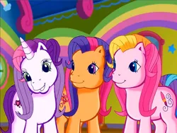 Size: 900x675 | Tagged: safe, derpibooru import, screencap, scootaloo (g3), sweetie belle (g3), toola roola, earth pony, pony, unicorn, g3, meet the ponies, image, looking at someone, png, rainbow dash's hat fashion party, smiling, toola-roola, trio