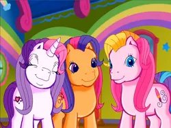 Size: 900x675 | Tagged: safe, derpibooru import, screencap, scootaloo (g3), sweetie belle (g3), toola roola, earth pony, pony, unicorn, g3, meet the ponies, eyes closed, image, png, rainbow dash's hat fashion party, smiling, toola-roola, trio