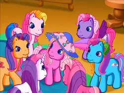 Size: 900x675 | Tagged: safe, derpibooru import, screencap, cheerilee (g3), pinkie pie (g3), rainbow dash (g3), scootaloo (g3), starsong, sweetie belle (g3), toola roola, earth pony, pegasus, pony, unicorn, g3, meet the ponies, core seven, hat, image, looking at each other, looking at someone, png, rainbow dash's hat fashion party, sun hat, toola-roola