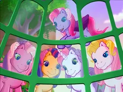 Size: 900x675 | Tagged: safe, derpibooru import, screencap, cheerilee (g3), scootaloo (g3), starsong, sweetie belle (g3), toola roola, earth pony, pegasus, pony, unicorn, g3, meet the ponies, image, lidded eyes, looking at something, open mouth, png, rainbow dash's hat fashion party, smiling, toola-roola, window