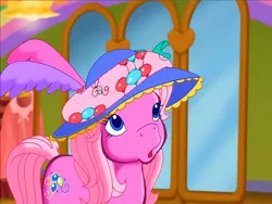 Size: 900x675 | Tagged: safe, derpibooru import, screencap, pinkie pie (g3), earth pony, pony, g3, meet the ponies, :o, feather, hat, image, looking up, mirror, open mouth, png, rainbow dash's hat fashion party, ribbon, solo, surprised