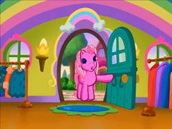 Size: 900x675 | Tagged: safe, derpibooru import, screencap, pinkie pie (g3), earth pony, pony, g3, meet the ponies, :o, door, house, image, interior, open door, open mouth, png, rainbow, rainbow dash's hat fashion party, rug, scone, solo