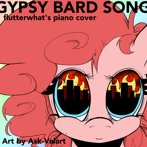 Size: 1000x1001 | Tagged: safe, artist:balooga, derpibooru import, pinkie pie, pony, bust, dilated pupils, eye reflection, female, fire, gypsy bard, image, mare, png, portrait, reflection, slur, smiling, solo, song cover