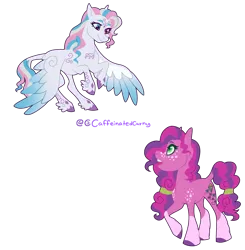Size: 1825x1862 | Tagged: safe, artist:caffeinatedcarny, derpibooru import, skywishes, star catcher, earth pony, pegasus, pony, g3, coat markings, colored wings, derpibooru exclusive, duo, feathered fetlocks, female, flying, freckles, gradient wings, hair tie, heterochromia, image, mare, markings, png, redesign, simple background, socks (coat marking), tattoo, transparent background, unshorn fetlocks, wings