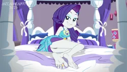 Size: 1280x720 | Tagged: suggestive, artist:metalhead97, derpibooru import, rarity, equestria girls, equestria girls series, barefoot, bed, bedroom, bedroom eyes, bedsheets, breasts, butt, clothes, crossed legs, dress, feet, fetish, foot fetish, g4, image, jewelry, legs, lidded eyes, long hair, looking at you, looking back, looking back at you, magical geodes, panties, png, show accurate, skirt, thong, toe ring, underwear, upskirt