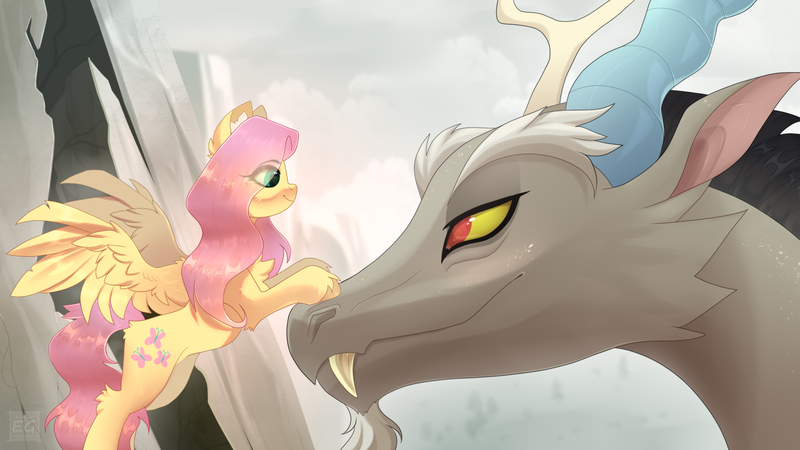 Size: 1920x1080 | Tagged: safe, artist:elektra-gertly, derpibooru import, discord, fluttershy, draconequus, pegasus, pony, commission, discoshy, duo, female, image, looking at each other, looking at someone, male, mare, png, shipping, smiling, straight