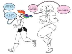 Size: 2100x1575 | Tagged: safe, artist:chillguydraws, artist:thicc-verse, derpibooru import, pinkie pie, rainbow dash, human, breasts, busty pinkie pie, busty rainbow dash, clothes, converse, dialogue, duo, duo female, female, humanized, image, jogging, partial color, png, shoes, shorts, simple background, speech bubble, sweatband, white background