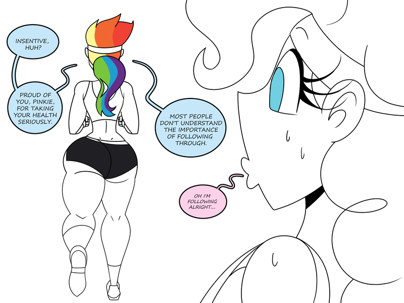Size: 2100x1575 | Tagged: suggestive, artist:chillguydraws, artist:thicc-verse, derpibooru import, pinkie pie, rainbow dash, human, ass, butt, duo, duo female, eyes on the prize, female, females only, humanized, image, jogging, large butt, lesbian, partial color, pinkiedash, png, rainbutt dash, shipping, simple background, sweat, the ass was fat, white background, wide hips