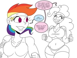 Size: 2100x1575 | Tagged: suggestive, artist:chillguydraws, artist:thicc-verse, derpibooru import, pinkie pie, rainbow dash, human, belly button, big breasts, breasts, busty pinkie pie, busty rainbow dash, cleavage, dialogue, duo, duo female, eyes closed, female, females only, grin, humanized, image, jogging, looking back, png, simple background, smiling, speech bubble, sweatband, white background