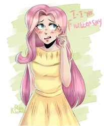 Size: 2340x2824 | Tagged: safe, artist:rinkuroo29, derpibooru import, fluttershy, human, blushing, clothes, dress, female, humanized, image, looking away, png, shy, solo, talking to viewer