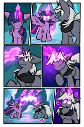 Size: 1567x2351 | Tagged: safe, artist:virmir, twilight sparkle, twilight sparkle (alicorn), oc, oc:virmare, alicorn, pony, unicorn, comic:so you've become a pony villain, cloak, clothes, comic, emanata, eyes closed, female, floppy ears, glowing eyes, image, magic, mare, png, spread wings, wings