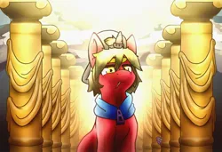 Size: 2048x1401 | Tagged: safe, artist:thatgoatbubblet, derpibooru import, oc, unofficial characters only, pony, unicorn, backwards ballcap, baseball cap, cap, column, hat, image, jpeg, looking at you, looking up, power, sitting, toothpick