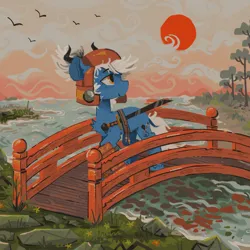 Size: 2160x2160 | Tagged: safe, artist:astroeden, derpibooru import, oc, unofficial characters only, earth pony, pony, album cover, armor, bridge, helmet, high res, image, japan, jpeg, katana, river, samurai, scenery, solo, sun, sword, turned head, water, weapon